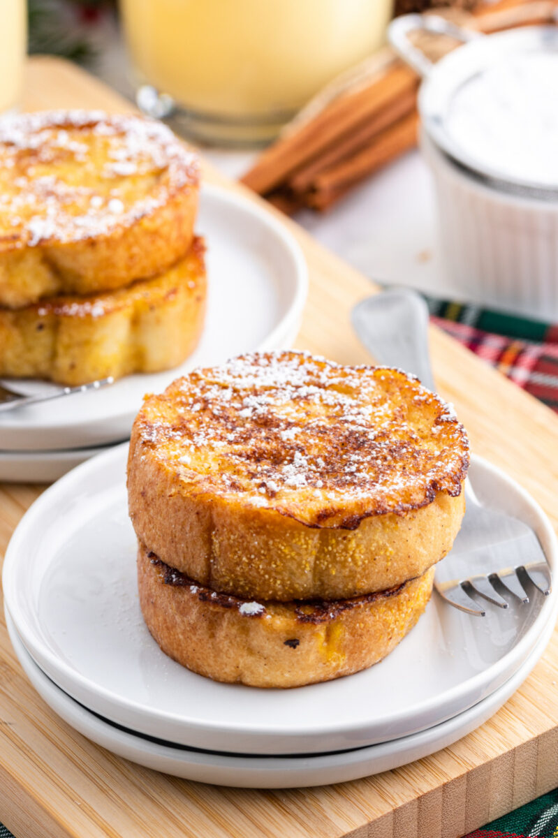 two slices eggnog french toast on plate