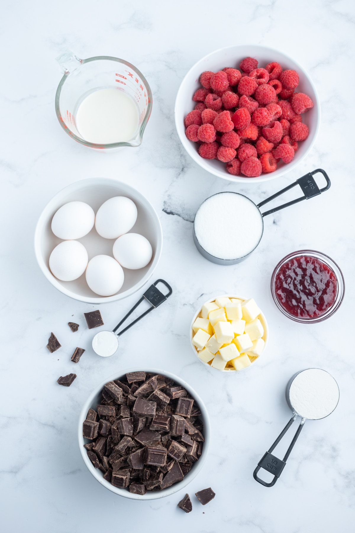 ingredients displayed for making fudgy chocolate raspberry bars