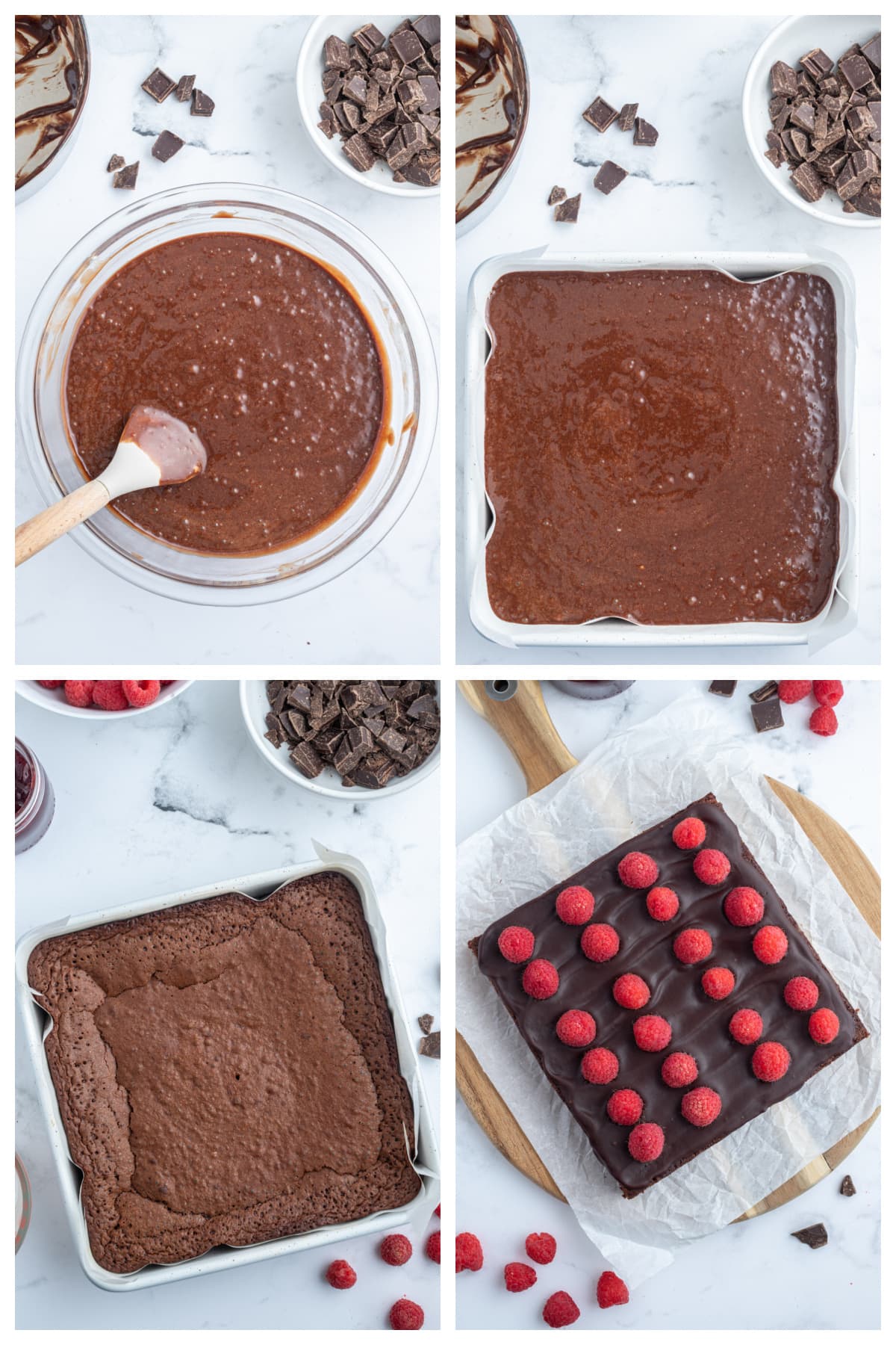 four photos showing how to make fudgy chocolate raspberry bars