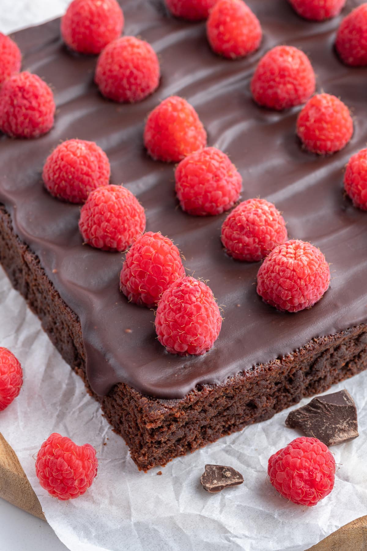 big block of fudgy chocolate raspberry bar before being cut