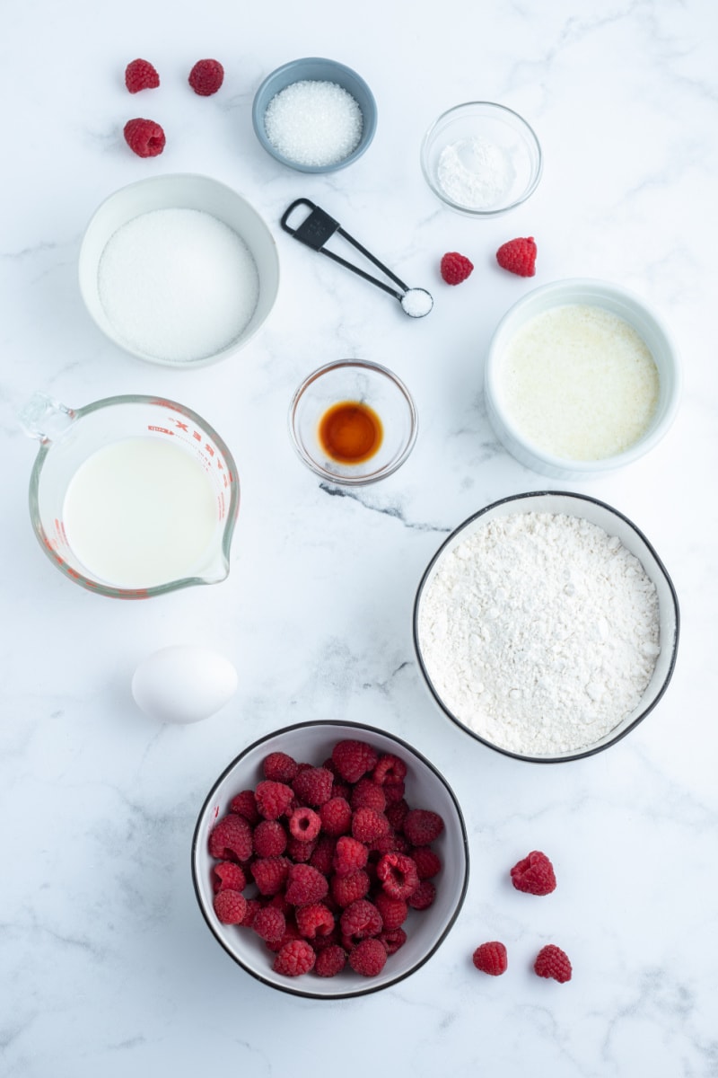 ingredients displayed for making sugar crusted raspberry muffins