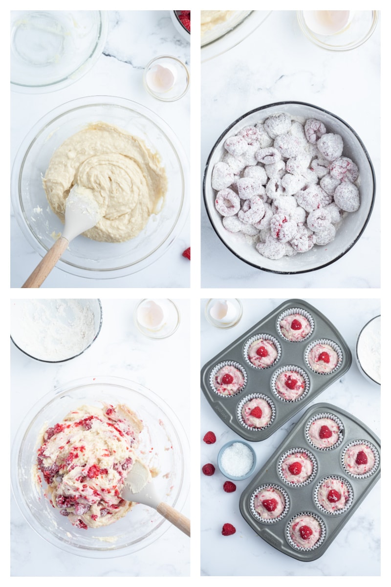 four photos showing how to make sugar crusted raspberry muffins