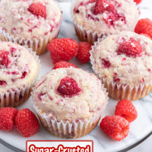 pinterest image for sugar crusted raspberry muffins
