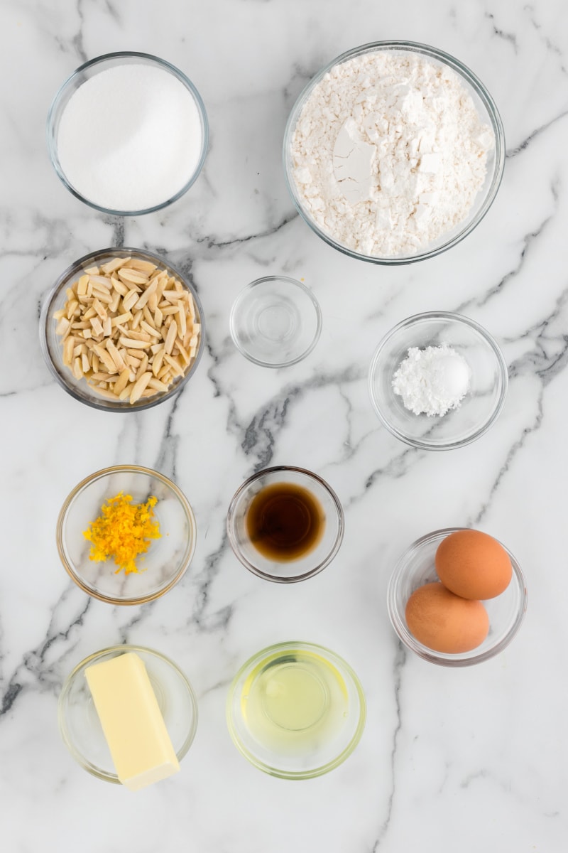 ingredients displayed for making almond biscotti