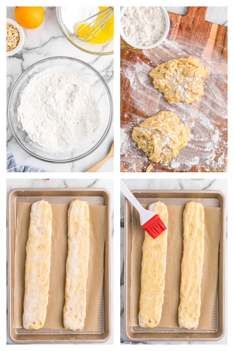 four photos showing process of making biscotti dough and forming into logs