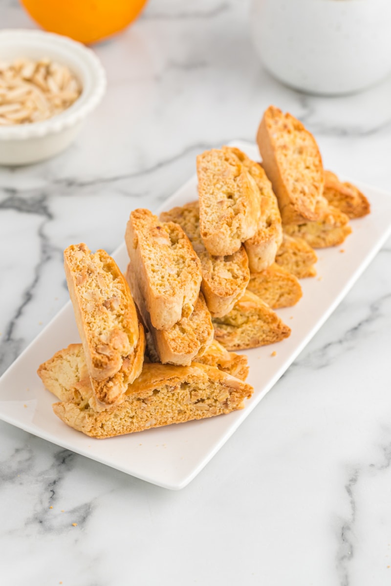 almond biscotti on a white platter