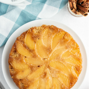 apple cinnamon upside down cake on white plate