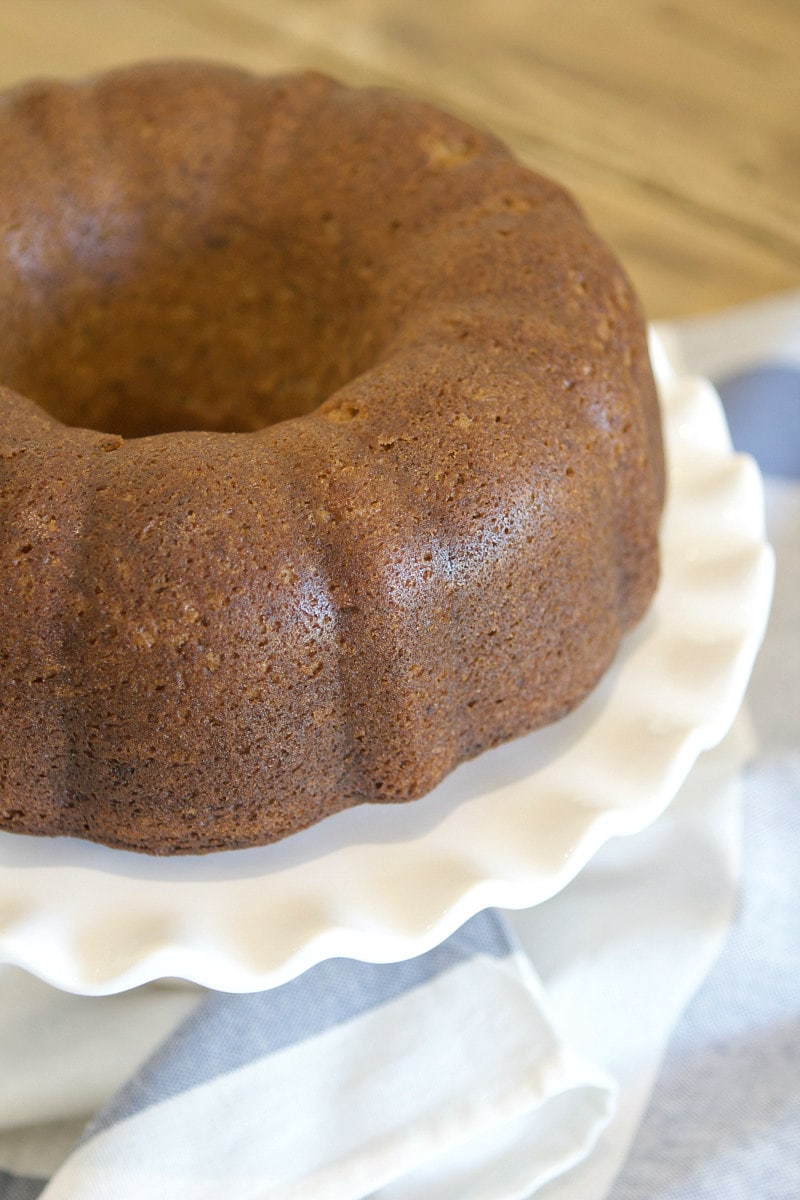 banana bundt cake on a serving platter with no frosting