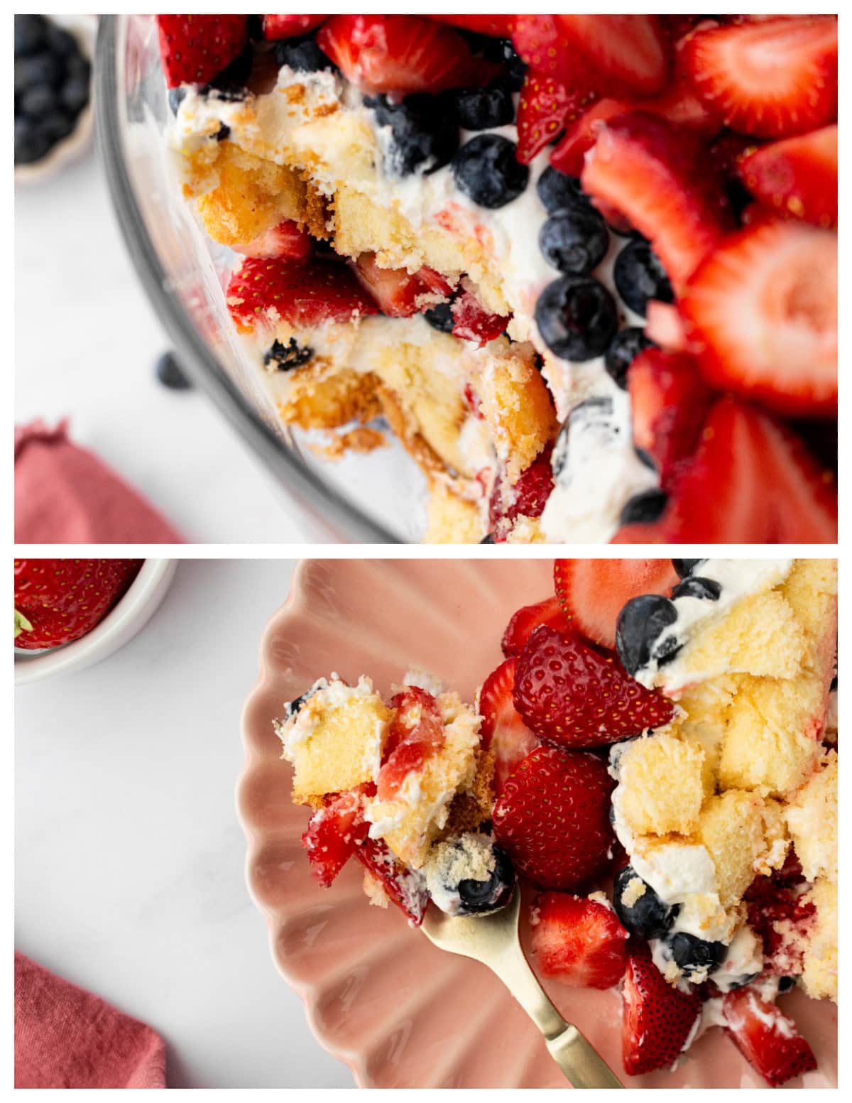 Layered Berry Trifle recipe from RecipeGirl.com : summer berry trifle two photos showing serving of berry trifle
