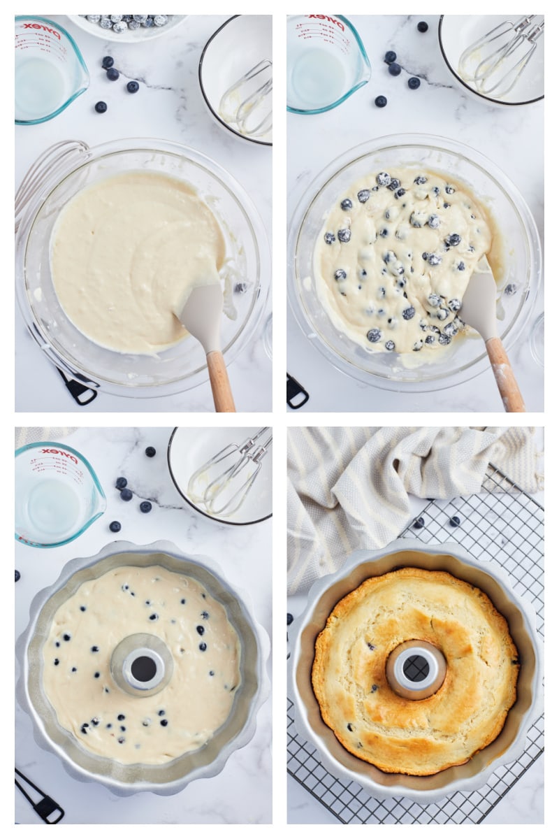 four photos showing how to make blueberry cake in bundt pan