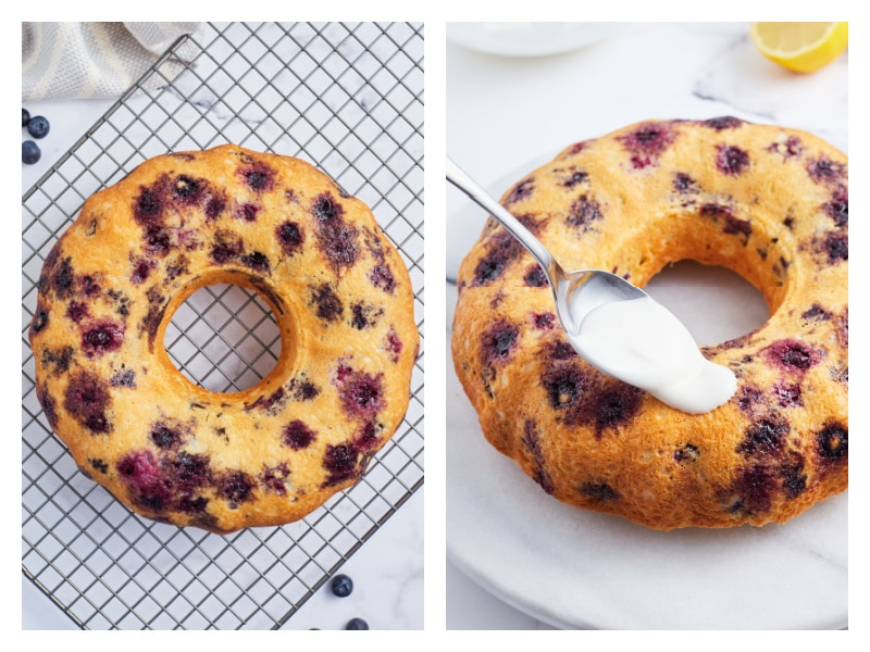 two photos showing blueberry cake and then spooning icing on top