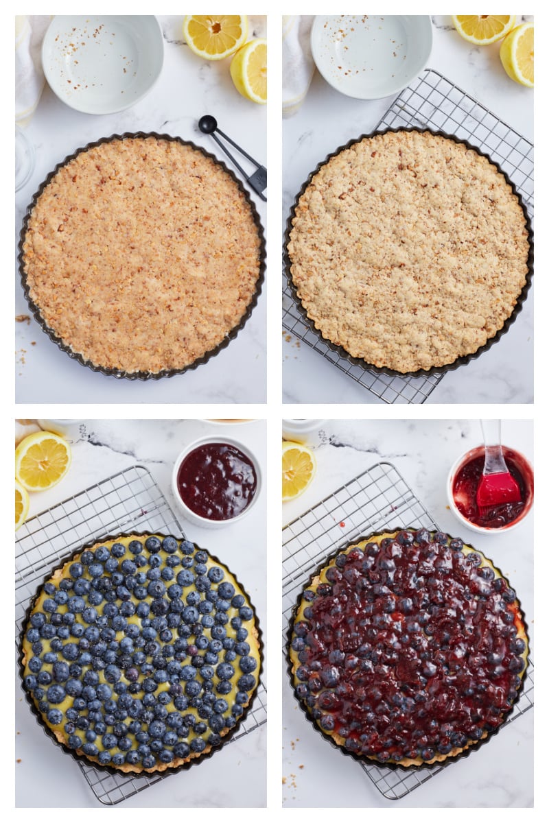 four photos showing how to make crust and topping for blueberry lemon tart