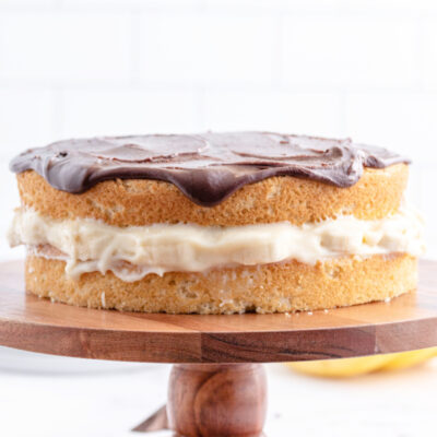 boston banana cream pie on a cake plate