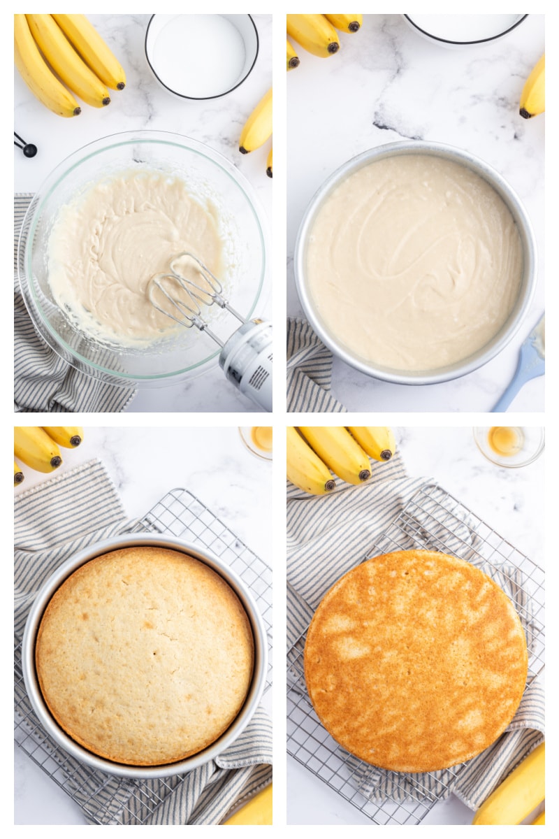 four photos showing how to assemble boston banana cream pie