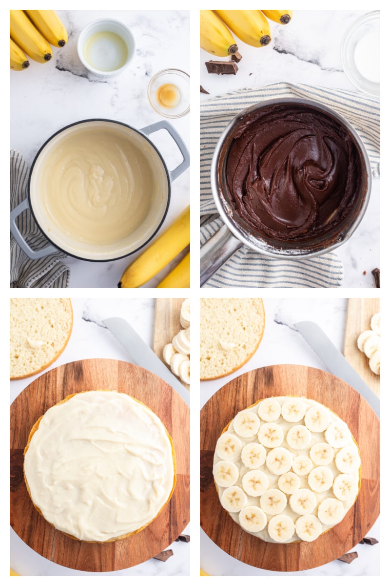 four photos showing how to assemble boston banana cream pie