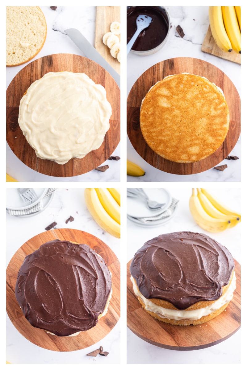 four photos showing how to assemble boston banana cream pie