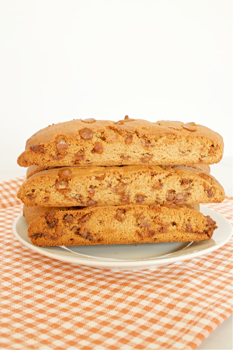 three pieces of brown sugar cinnamon biscotti on a plate