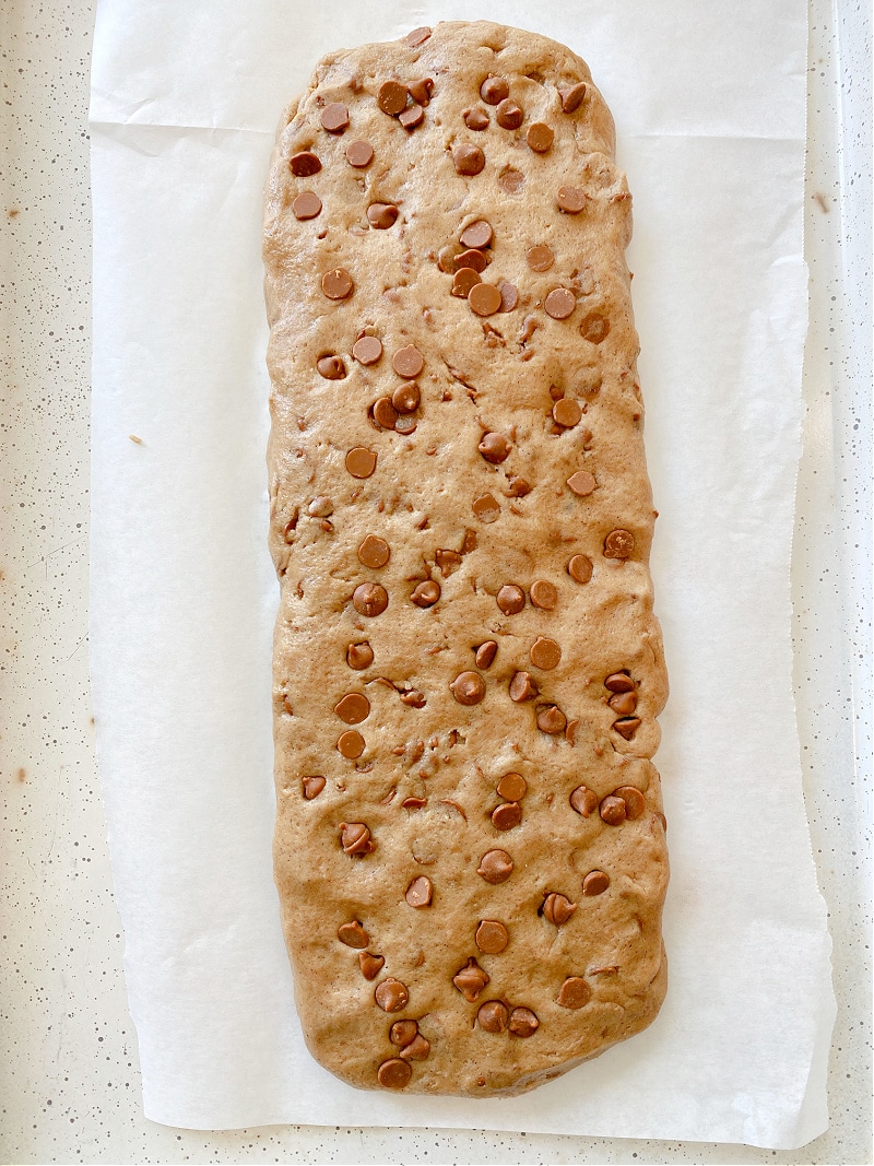 biscotti loaf on baking sheet