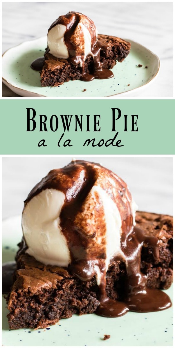 Brownie Pie a la Mode with homemade fudge sauce recipe from RecipeGirl.com #brownies #pie #alamode #dessert #recipe #RecipeGirl