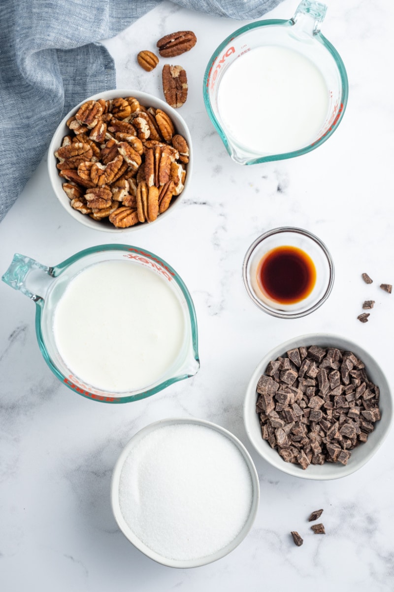 ingredients displayed for making caramel chocolate nut ice cream