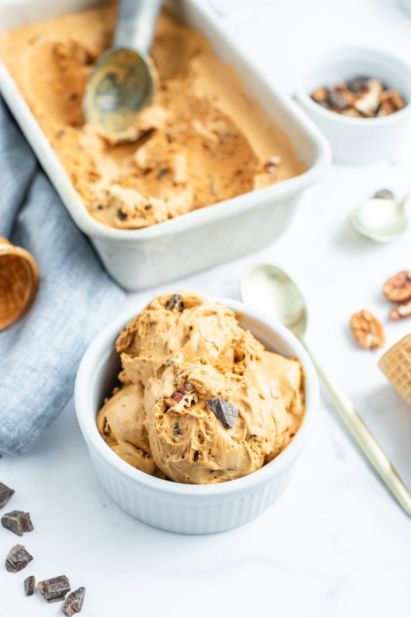 caramel chocolate nut ice cream in a bowl