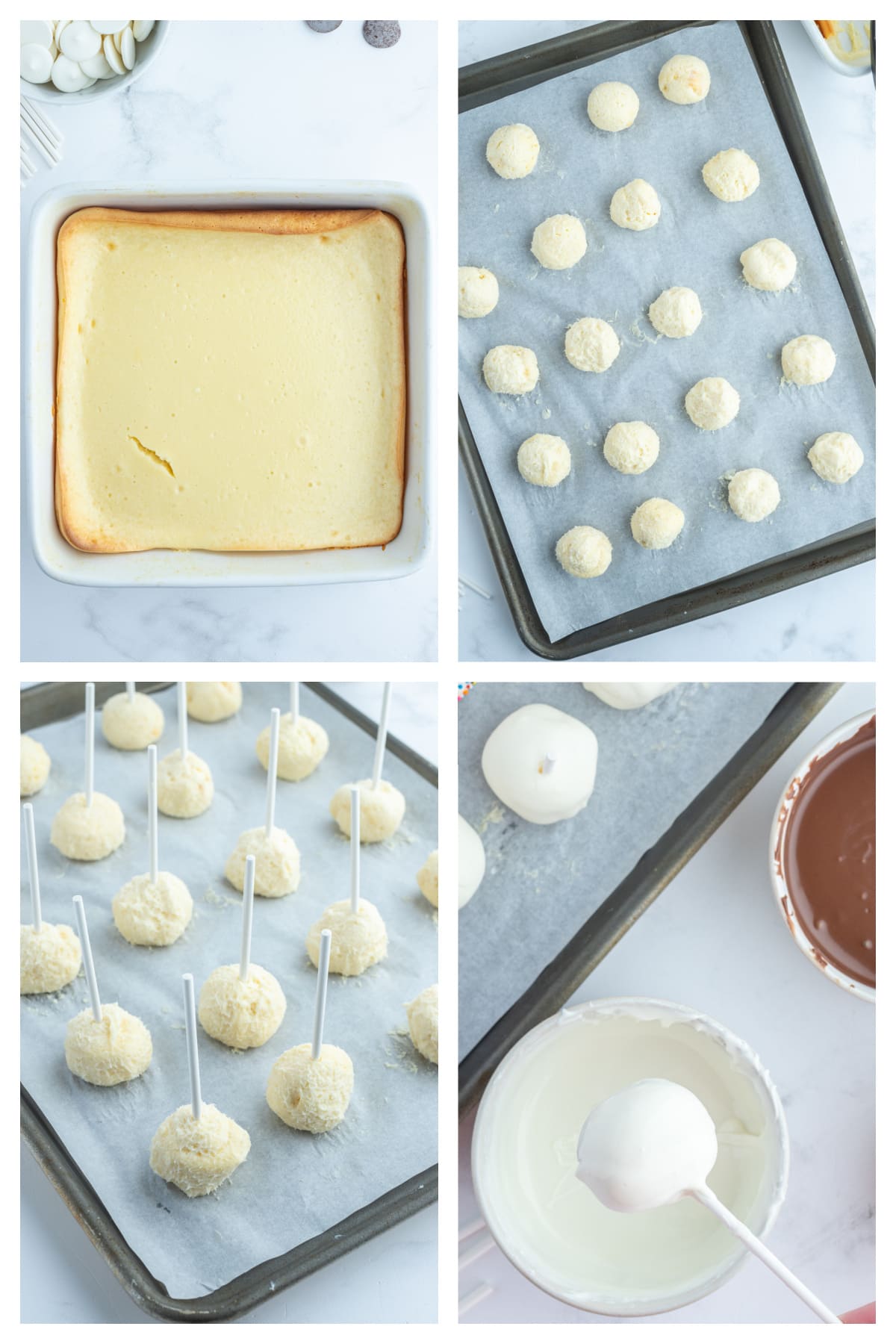 four photos showing how to make cheesecake pops