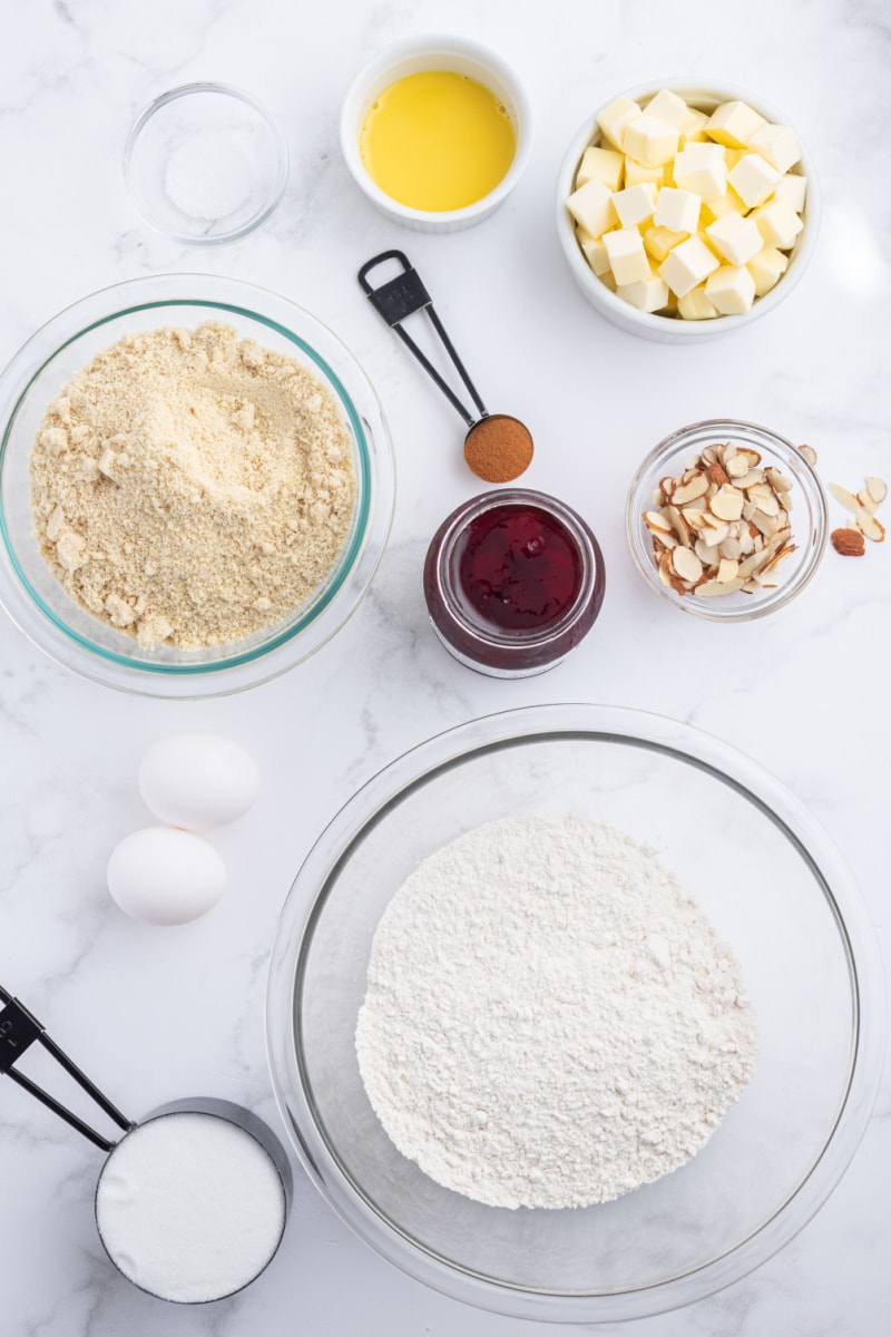 ingredients displayed for making cherry almond tart