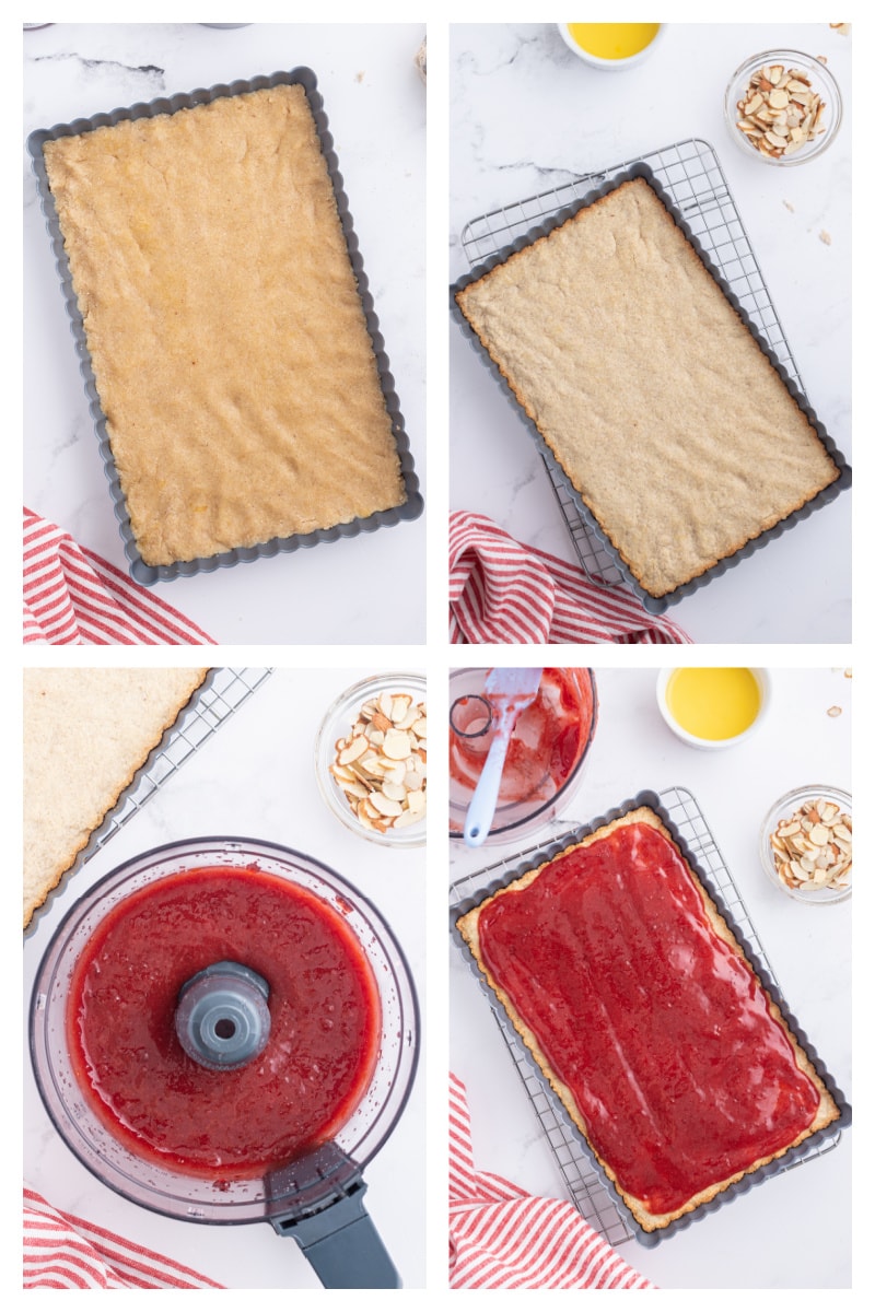 four photos showing crust in tart pan and cherry filling added to top