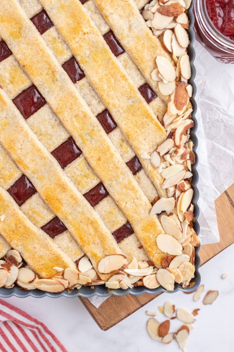 close up corner of cherry almond tart