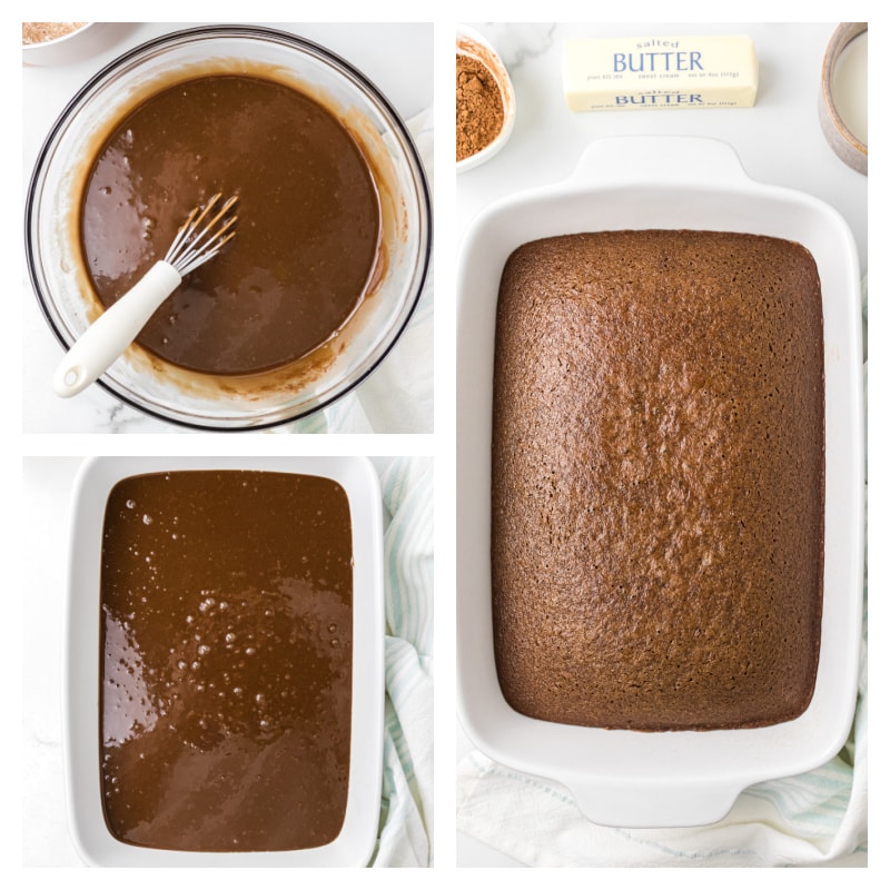 three photos showing how to make chocolate cake in rectangle pan