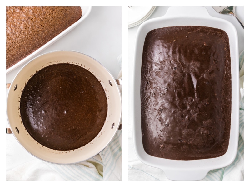 frosting in bowl and then frosting on chocolate cake in rectangle pan