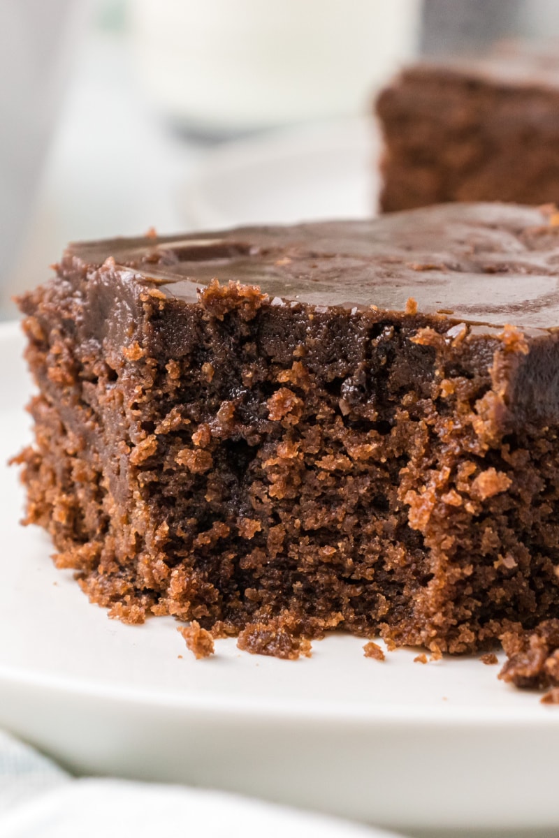 chocolate cake slice with bite taken out of it