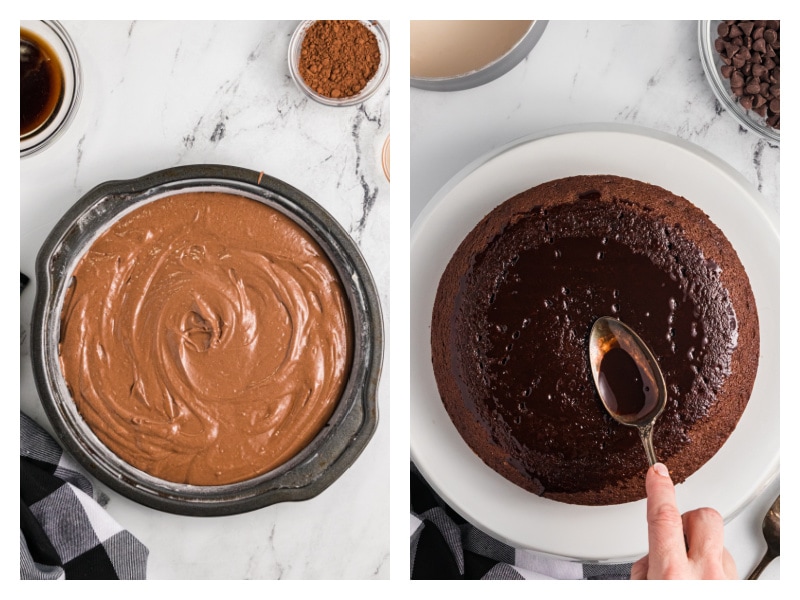 two photos showing chocolate cake batter in cake pan and then baked and adding topping