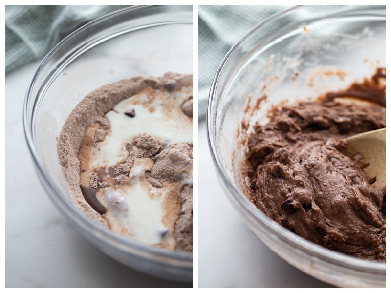 two pics of bowls showing mixing cake batter