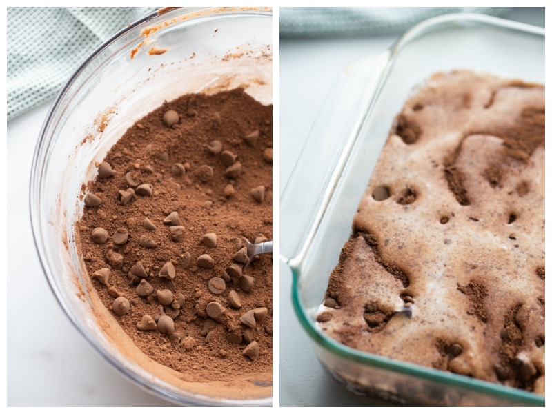 bowl of chocolate mixings and pan of cake ready for oven