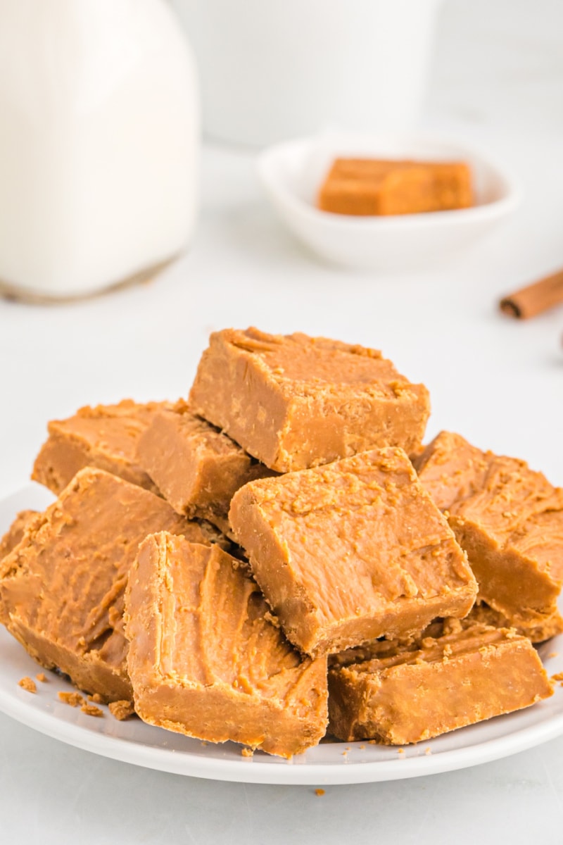 pieces of cinnamon fudge stacked on a platter