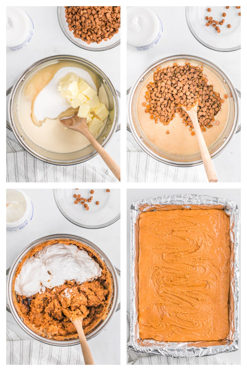 four photos showing how to make cinnamon fudge