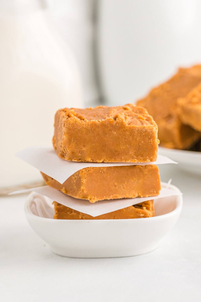 three pieces of cinnamon fudge stacked