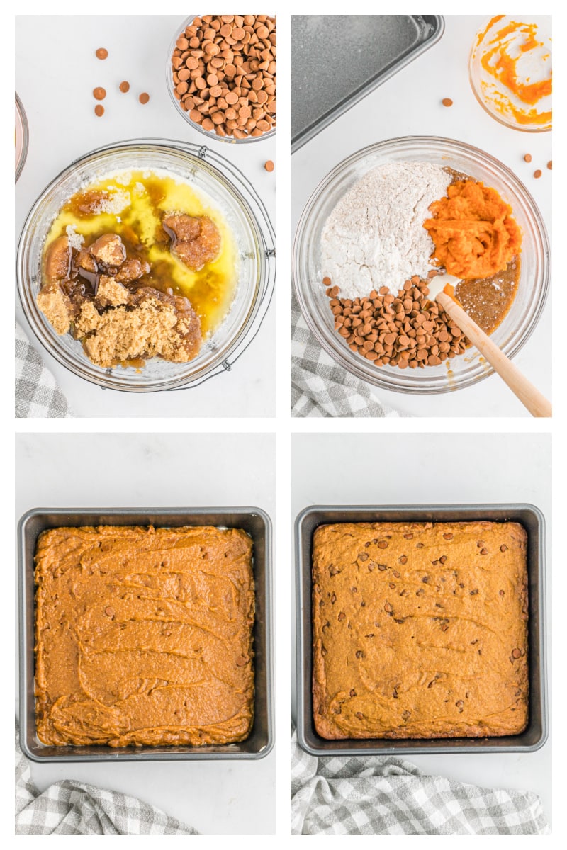 four photos showing how to make cinnamon pumpkin bars