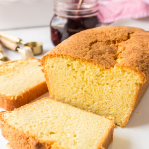 loaf of classic pound cake sliced open