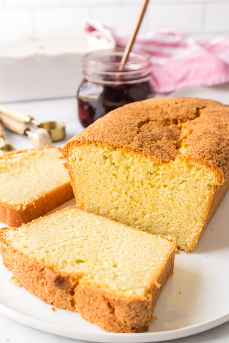 loaf of classic pound cake sliced open