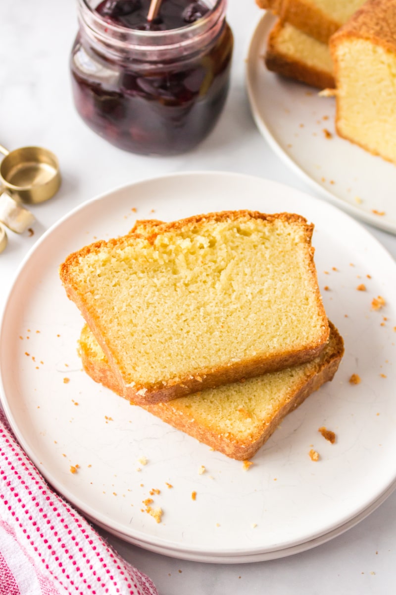 two slices classic pound cake on plate