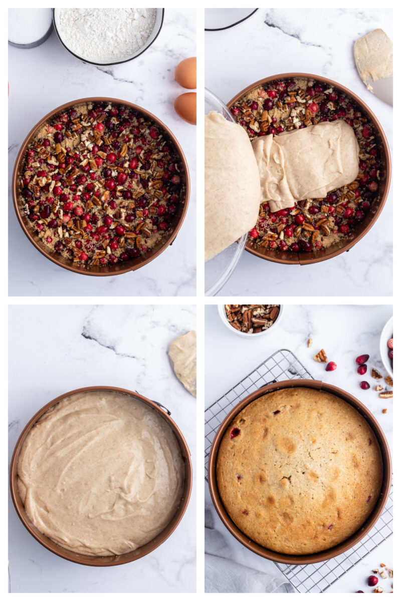 four photos showing how to make cranberry upside down cake