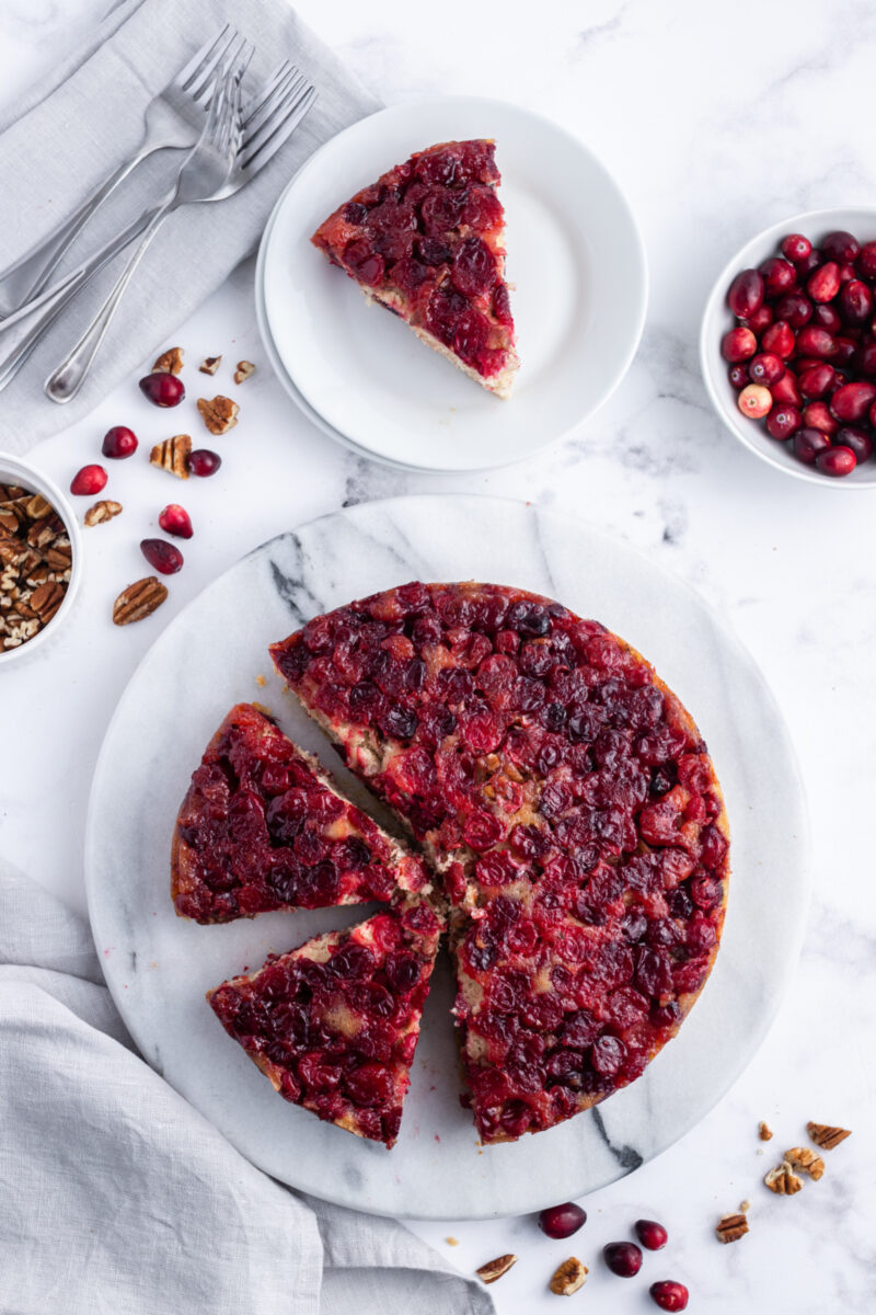 cranberry upside down cake cut into slices