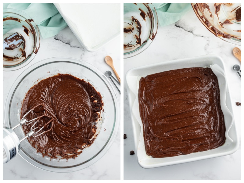 two photos showing brownie batter in bowl and then batter in a white square pan