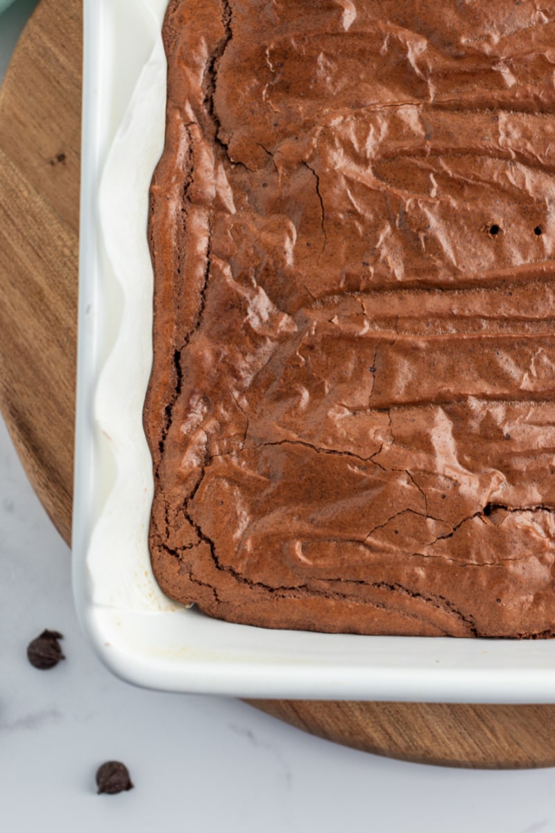 baked brownies in a white pan