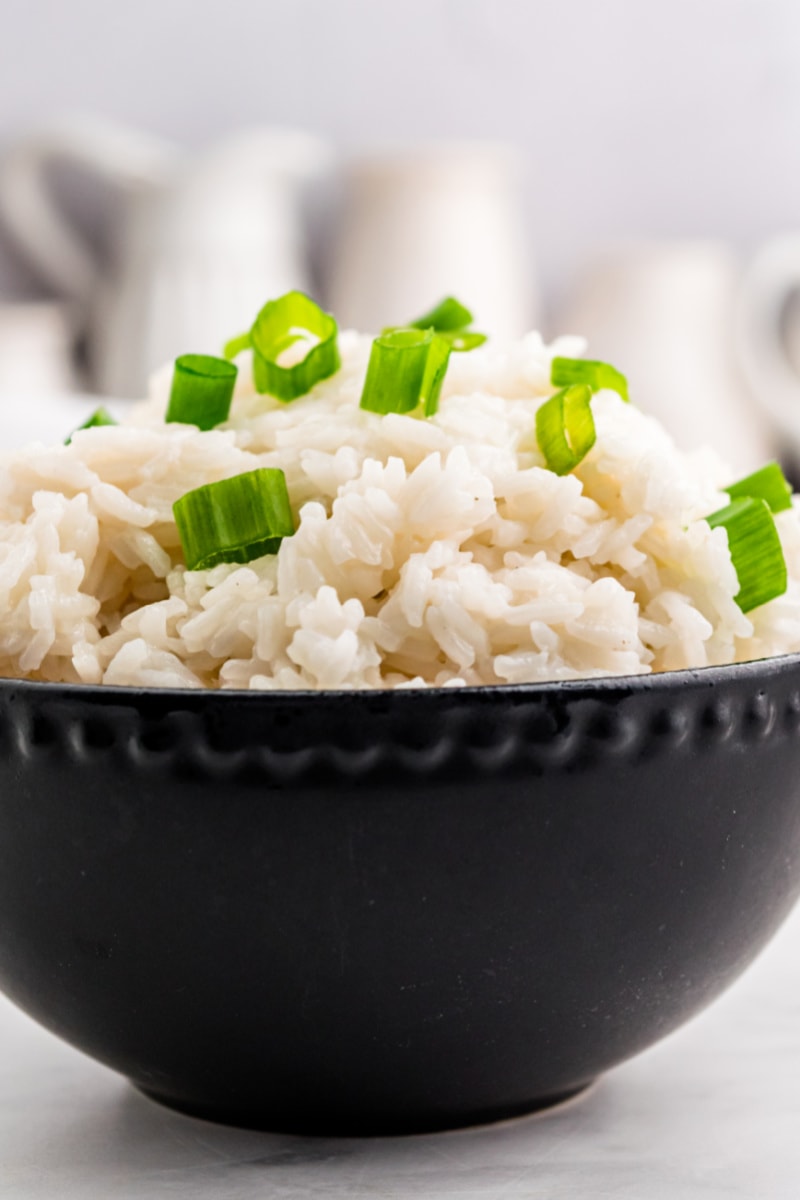 coconut rice in a brown bowl