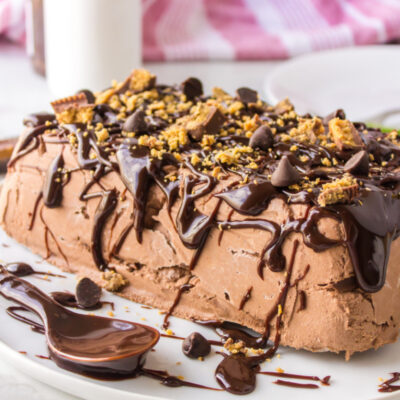 fudgy chocolate peanut butter cup icebox cake on a plate