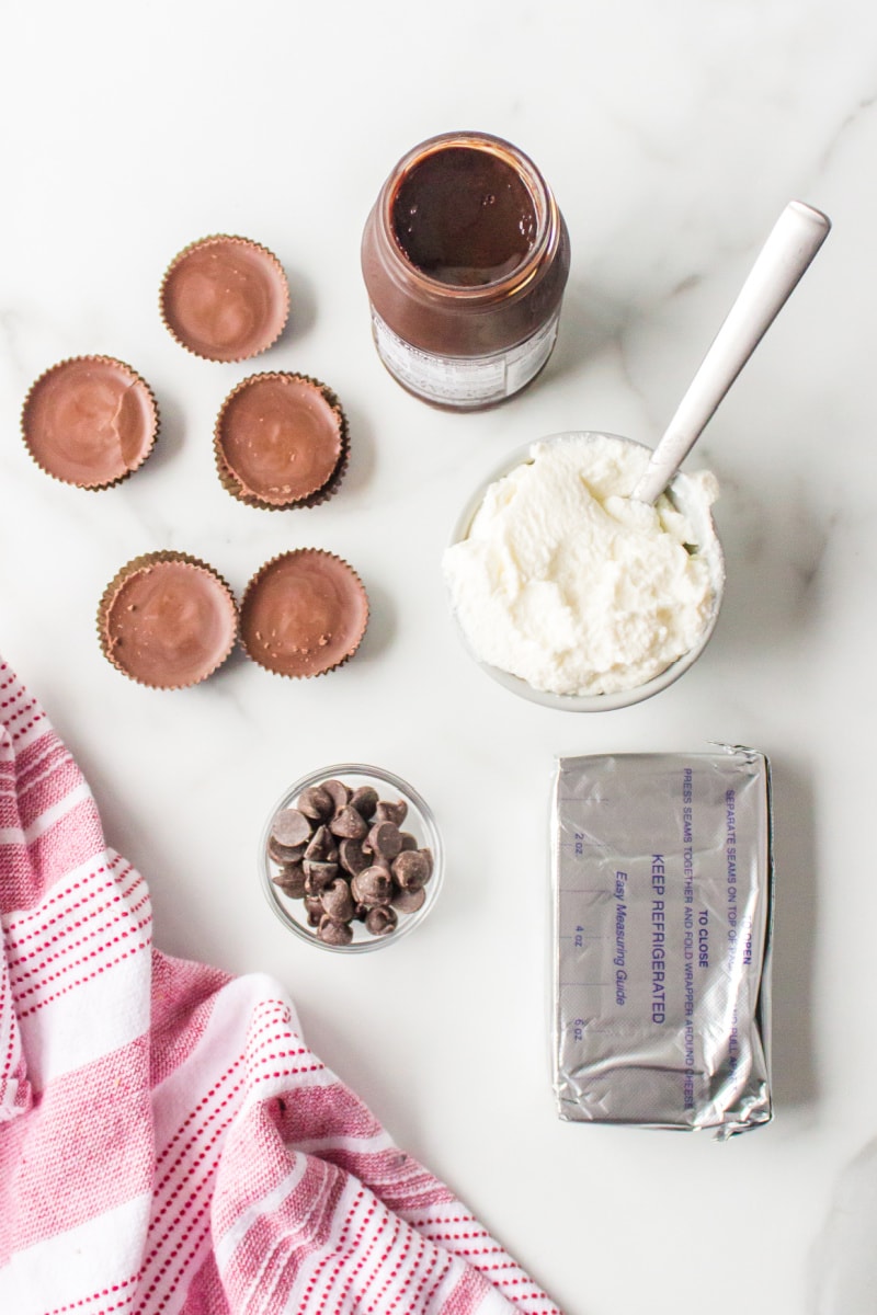 ingredients displayed for making fudgy chocolate peanut butter cup icebox cake