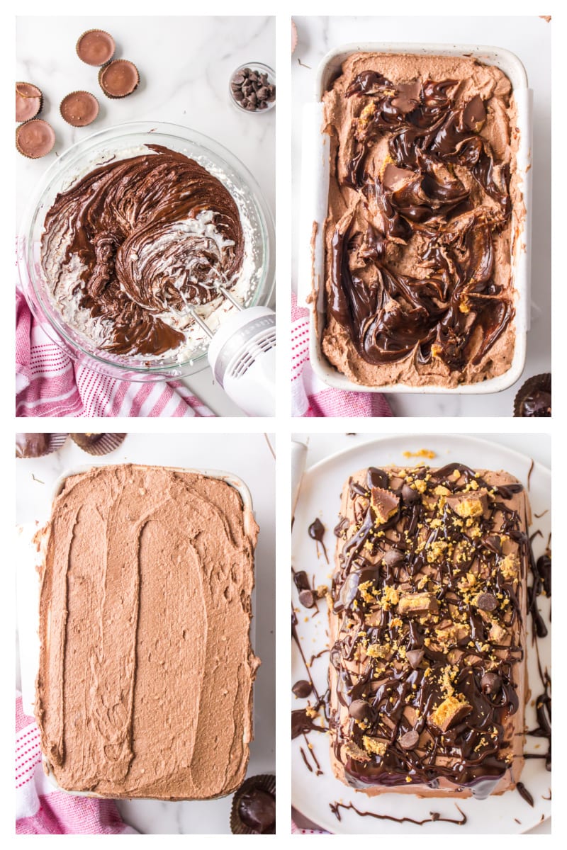 four photos showing how to make fudgy chocolate peanut butter cup icebox cake